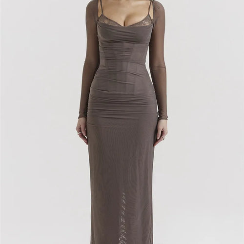 Load image into Gallery viewer, Elegant Sheer Long Sleeve Sexy Maxi Dress For Women Fashion Mesh Strapless Backless Club Party Sexy Long Dress New
