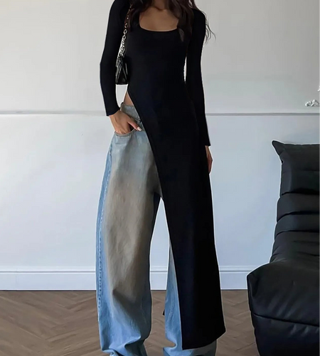 Spring Fashion Solid Long Sleeve Slit Irregular Sexy Bodycon Maxi Dress Women Casual Y2K New Outfits Party Vacation