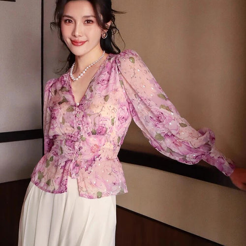 Load image into Gallery viewer, Printing Chiffon Shirts For Women V Neck Long Sleeve Tunic Spliced Button Casual Blouse Female Fashion Clothing
