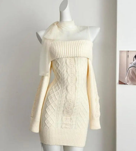 Autumn Winter Korean Pink Off Shoulder Slim Long Sleeve Bow Bandage Short Dress Women Beige Patchwork Lace Wrap Hip Knit Dresses