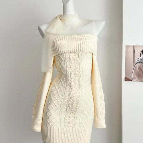 Load image into Gallery viewer, Autumn Winter Korean Pink Off Shoulder Slim Long Sleeve Bow Bandage Short Dress Women Beige Patchwork Lace Wrap Hip Knit Dresses
