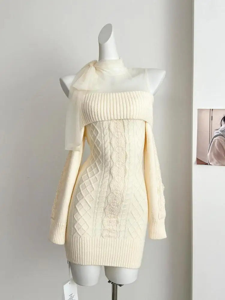 Autumn Winter Korean Pink Off Shoulder Slim Long Sleeve Bow Bandage Short Dress Women Beige Patchwork Lace Wrap Hip Knit Dresses