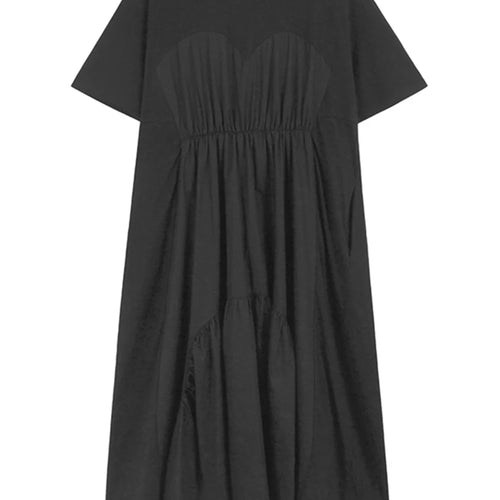 Load image into Gallery viewer, Women Khaki Pleated Spliced Big Size Midi Casual Dress New Round Neck Short Sleeve Fashion Tide Spring Summer 2025 1DH9811
