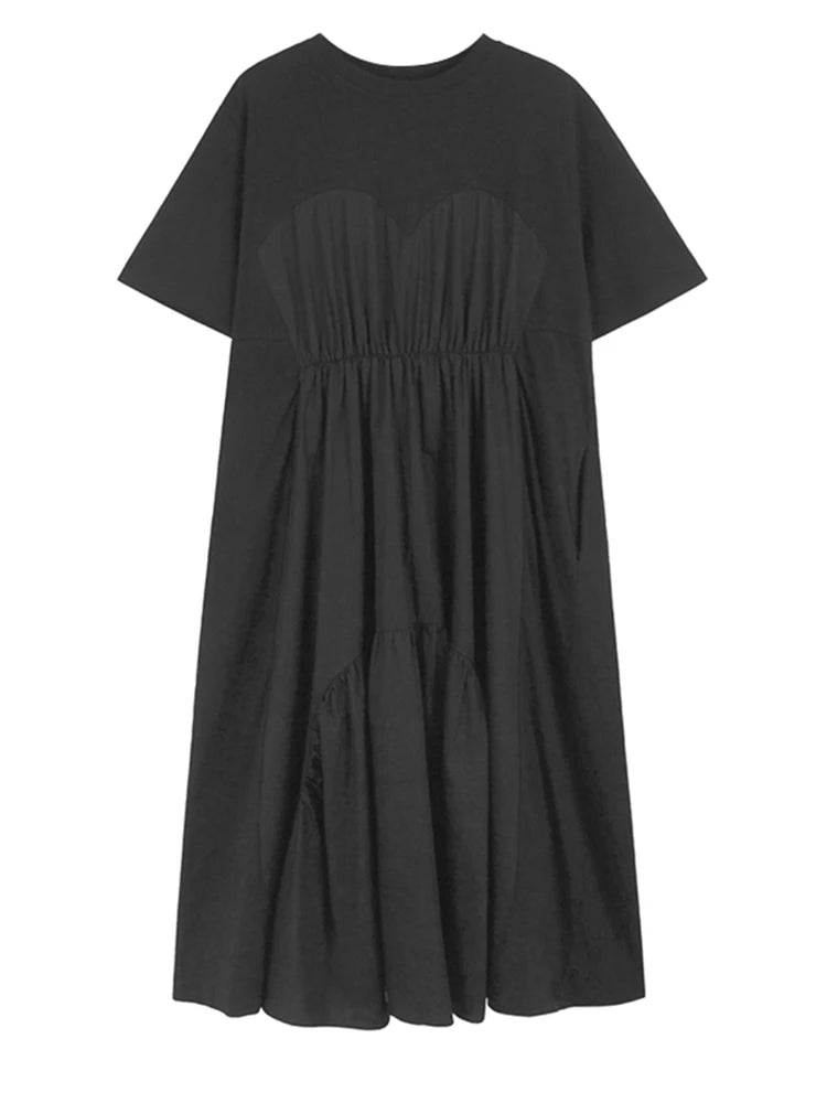 Women Khaki Pleated Spliced Big Size Midi Casual Dress New Round Neck Short Sleeve Fashion Tide Spring Summer 2025 1DH9811