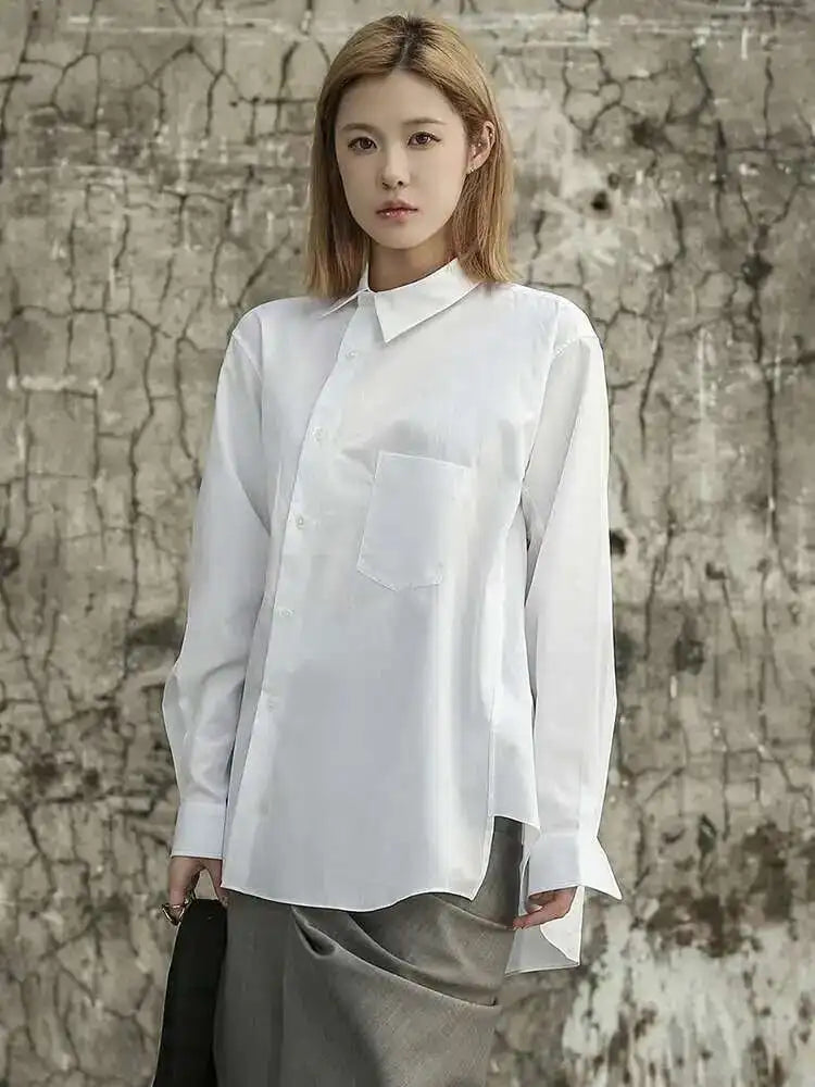 Women White Irregular Big Size Blouse New Lapel Long Sleeve Loose Fit Shirt Fashion Tide Spring Autumn 2025 1DF6809