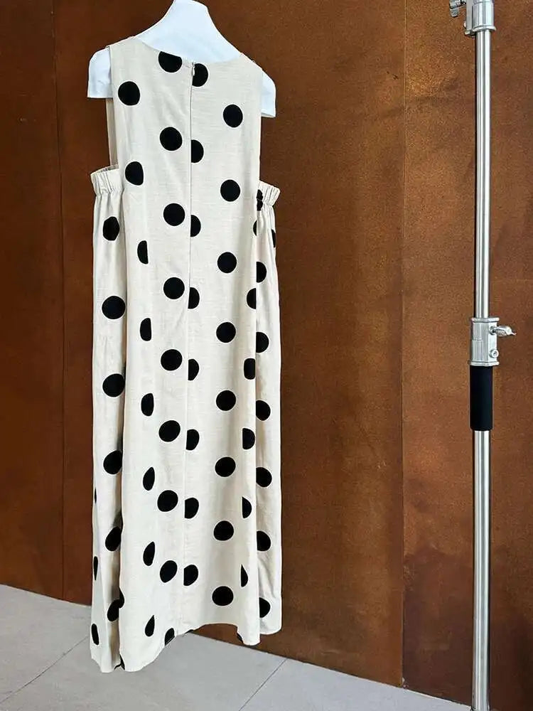 Women White Dot Printed Pleated Big Size Elegant Dress New Round Neck Sleeveless Fashion Tide Spring Summer 2025 1DJ0367