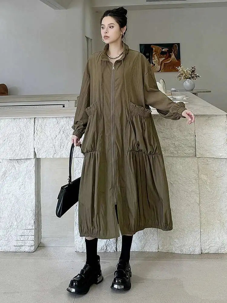 Women Khaki Pleated Big Size Casual Midi Dress New Stand Collar Long Sleeve Fashion Tide Spring Autumn 2025 1DH6824