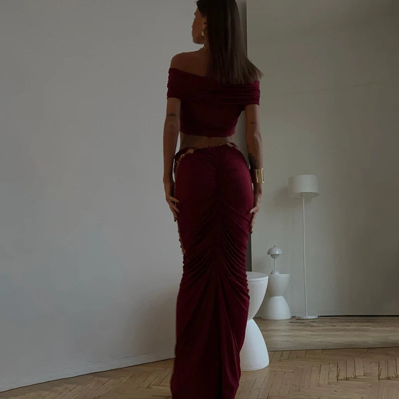 Sexy Skirt Two Peces Sets Women Elegant Off-shoulder Slim Fit Crop Top And Bodycon Skirt Two Peces Sets Ladies Outfits