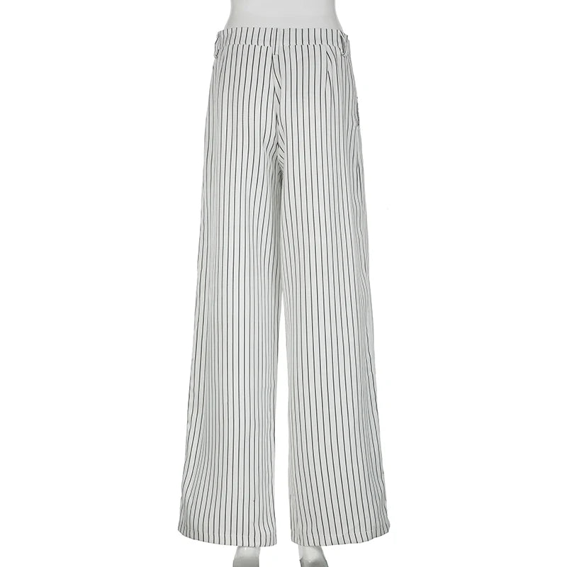 Streetwear Stripe White Loose Women Trousers Straight Leg Draped Casual Basic Suit Pants Korean Style Outfits Bottoms