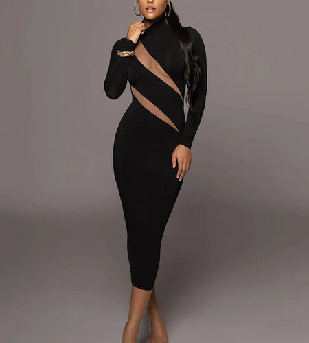 Elegant Long Sleeve Bodycon Sexy Maxi Dress For Women Autumn Winter Fashion Half High Collar Club Party Sexy Long Dress