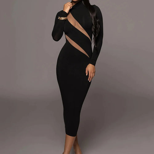 Load image into Gallery viewer, Elegant Long Sleeve Bodycon Sexy Maxi Dress For Women Autumn Winter Fashion Half High Collar Club Party Sexy Long Dress
