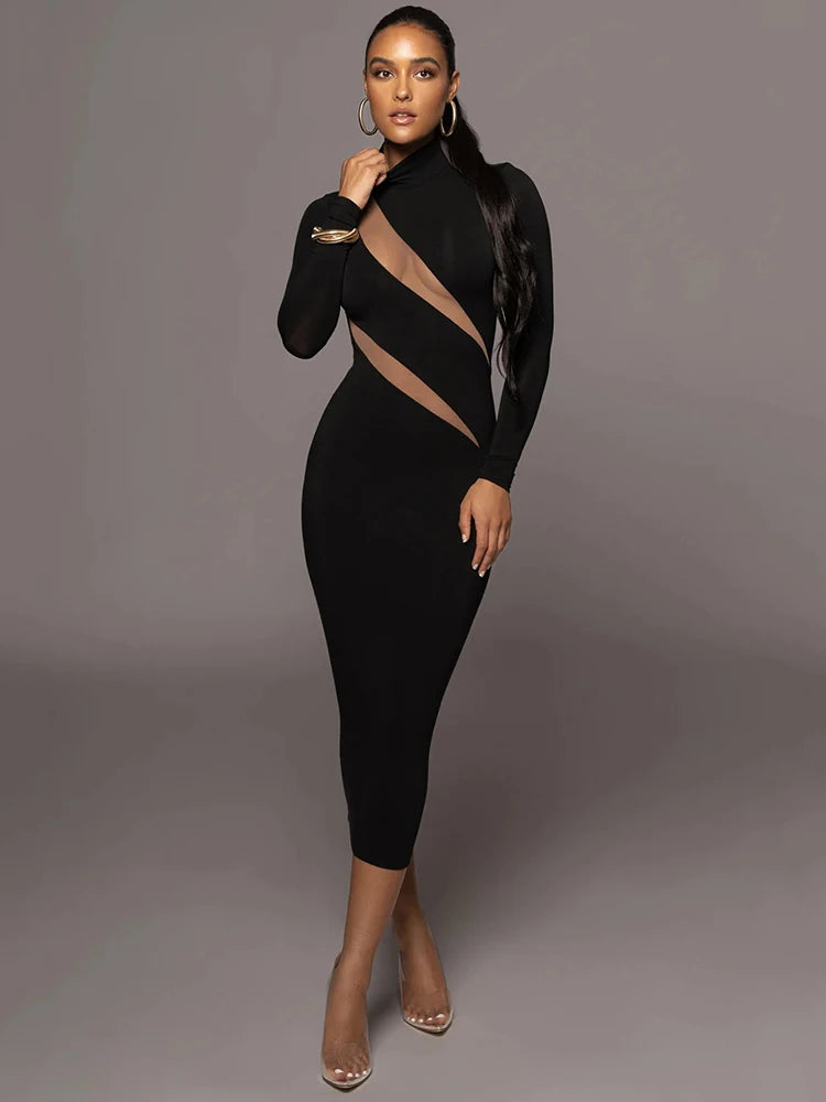 Elegant Long Sleeve Bodycon Sexy Maxi Dress For Women Autumn Winter Fashion Half High Collar Club Party Sexy Long Dress