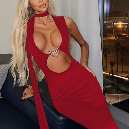 Load image into Gallery viewer, Hollow Out Halter Sexy Maxi Dress Women Summer New Metal Decoration Sleeveless Slim High Waist Long Dress Elegant
