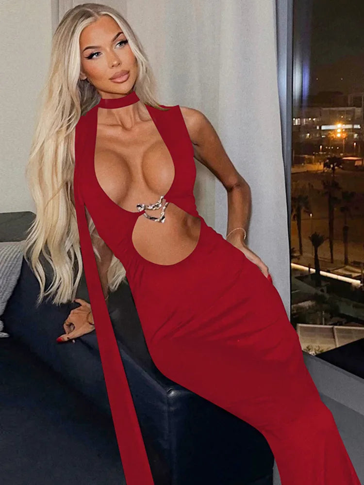 Hollow Out Halter Sexy Maxi Dress Women Summer New Metal Decoration Sleeveless Slim High Waist Long Dress Elegant