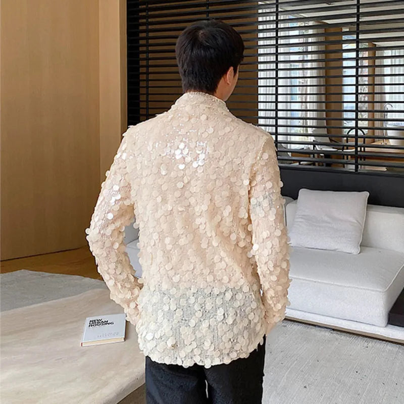 Sequin T-shirts Men's Wear Elgance Men Long Sleeve Top Autumn Trend Stand Neck Slim Male Tees Chic Personality 9C2612