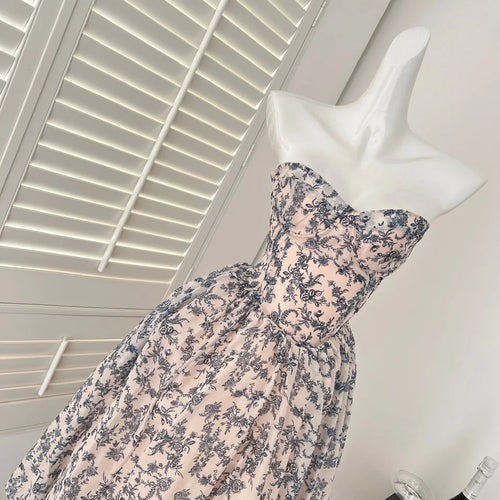 Load image into Gallery viewer, French Retro Blue Flower Backless Vacation Strapless Long Dress Summer Sexy High Waist Elegant Sleeveless Party Evening Dresses
