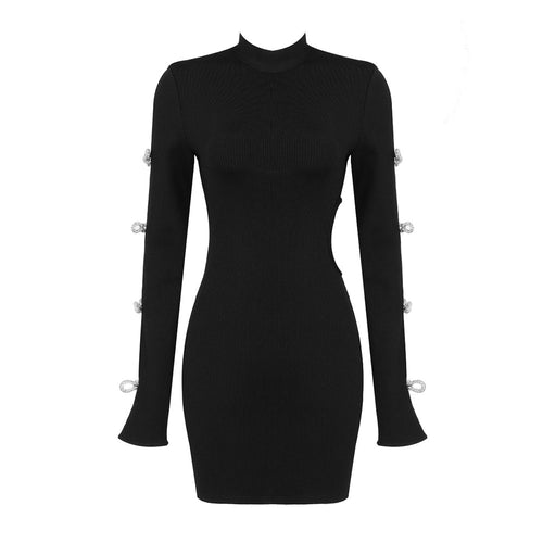 Load image into Gallery viewer, Slim Solid Dresses For Women Stand Collar Long Sleeve High Waist Spliced Diamonds Mini Dress Female Fashion
