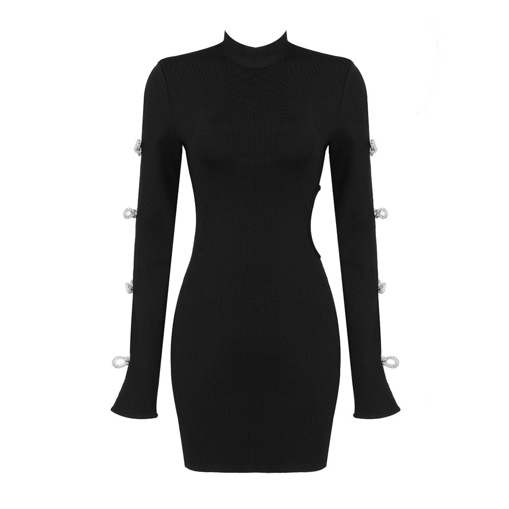 Slim Solid Dresses For Women Stand Collar Long Sleeve High Waist Spliced Diamonds Mini Dress Female Fashion