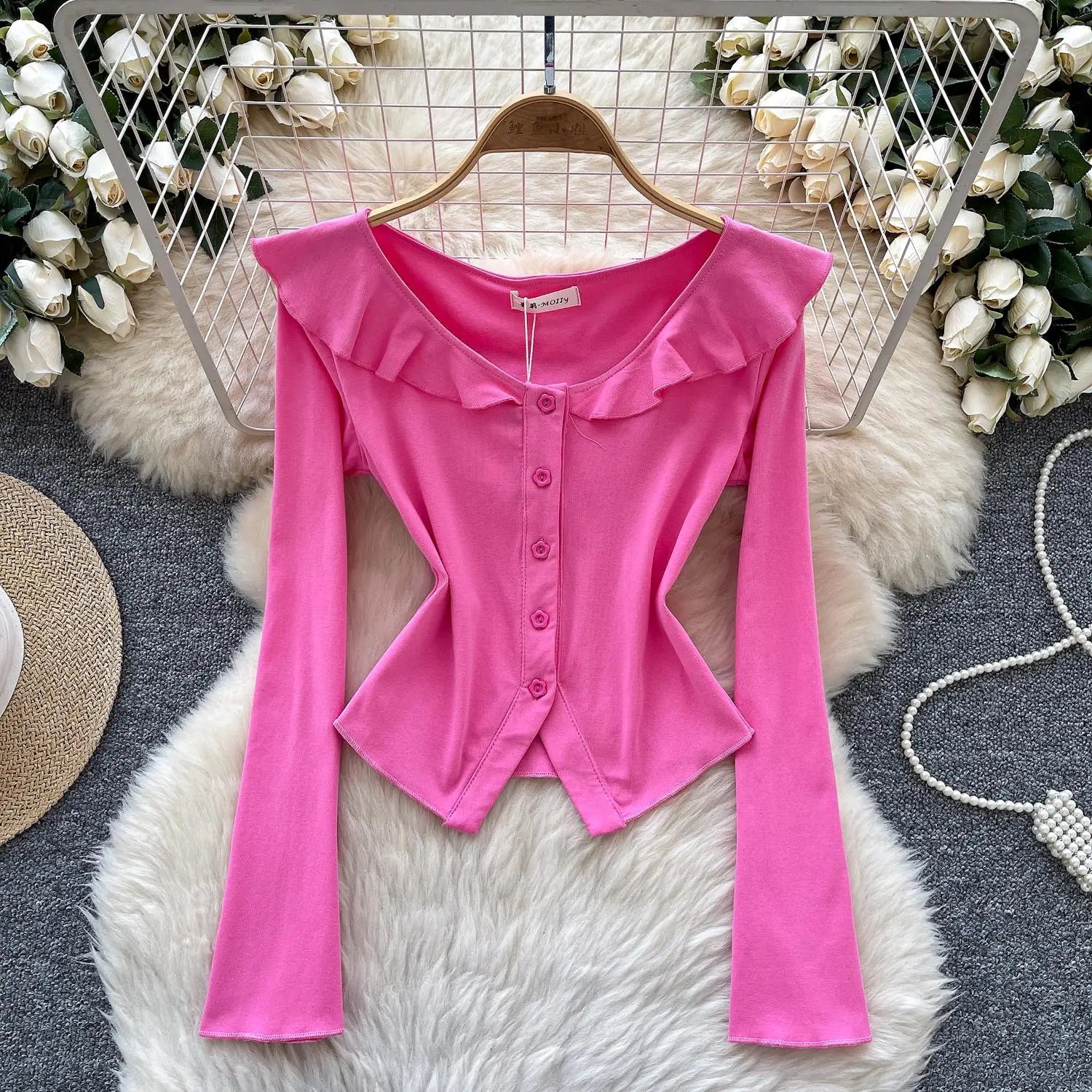 Vintage Fashion Women's Sweet Solid Single Breasted Long Sleeved T Shirt Spring Round Neck Ruffle Edge Short Cardigan Tops Trend