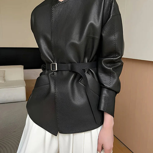 Load image into Gallery viewer, Women’s Winter Faux Leather Jacket Clothes 2025 Spring Belt Loose Casual PU Leather Black Coats Outerwears for Women
