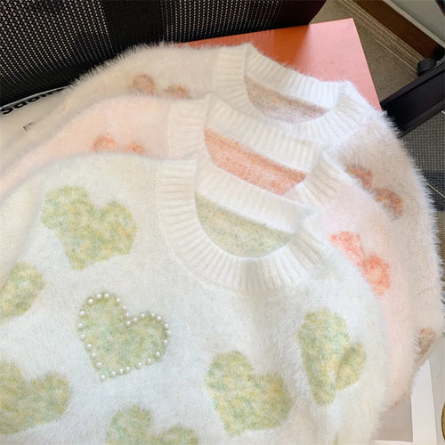 Load image into Gallery viewer, French Retro Heart Shaped Pearl Imitation Mink Sweaters Women Round Neck Warm Long Sleeves Knit Pullover Tops Autumn Winter Chic
