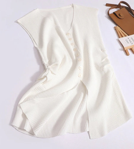 Korean Summer New Solid Color Sexy Slim Sleeveless Vest Women's V-neck Single Breasted Knitted Tank Tops Trend Casual Simplicity