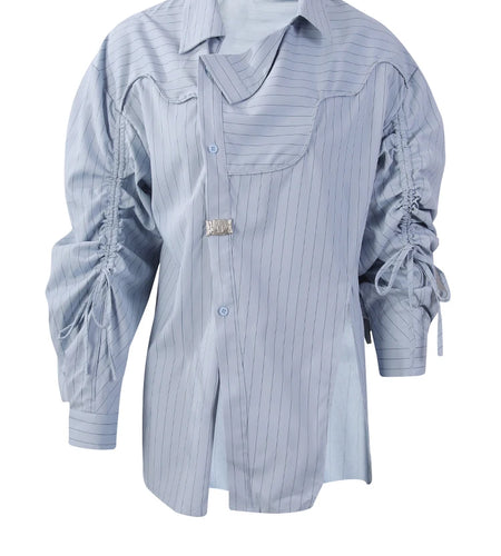 Women Blue Striped Drawstring Slit Big Size Blouse New Lapel Long Sleeve Shirt Fashion Tide Spring Autumn 2025 7AB8101