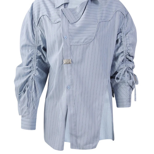 Load image into Gallery viewer, Women Blue Striped Drawstring Slit Big Size Blouse New Lapel Long Sleeve Shirt Fashion Tide Spring Autumn 2025 7AB8101
