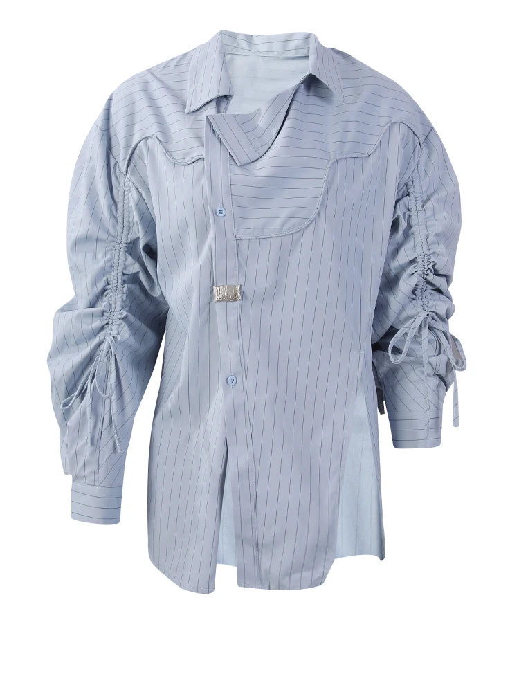 Women Blue Striped Drawstring Slit Big Size Blouse New Lapel Long Sleeve Shirt Fashion Tide Spring Autumn 2025 7AB8101