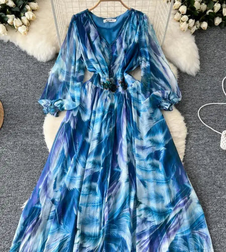 French Women Print Sequin Evening Party Dress Autumn V Neck Elegant Lantern Long Sleeved Temperament Pleated Dress Bohemian Chic