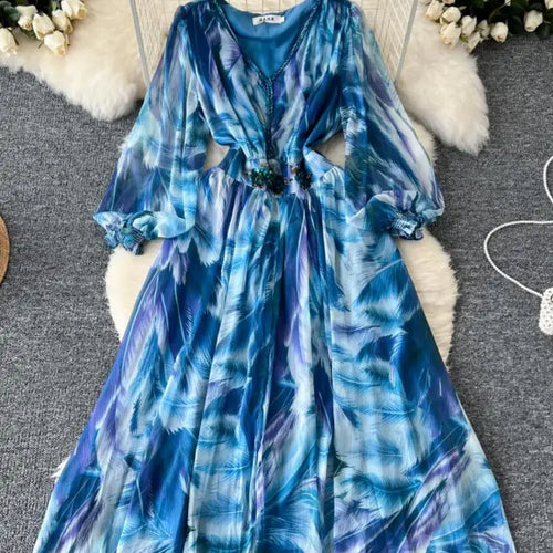 Load image into Gallery viewer, French Women Print Sequin Evening Party Dress Autumn V Neck Elegant Lantern Long Sleeved Temperament Pleated Dress Bohemian Chic
