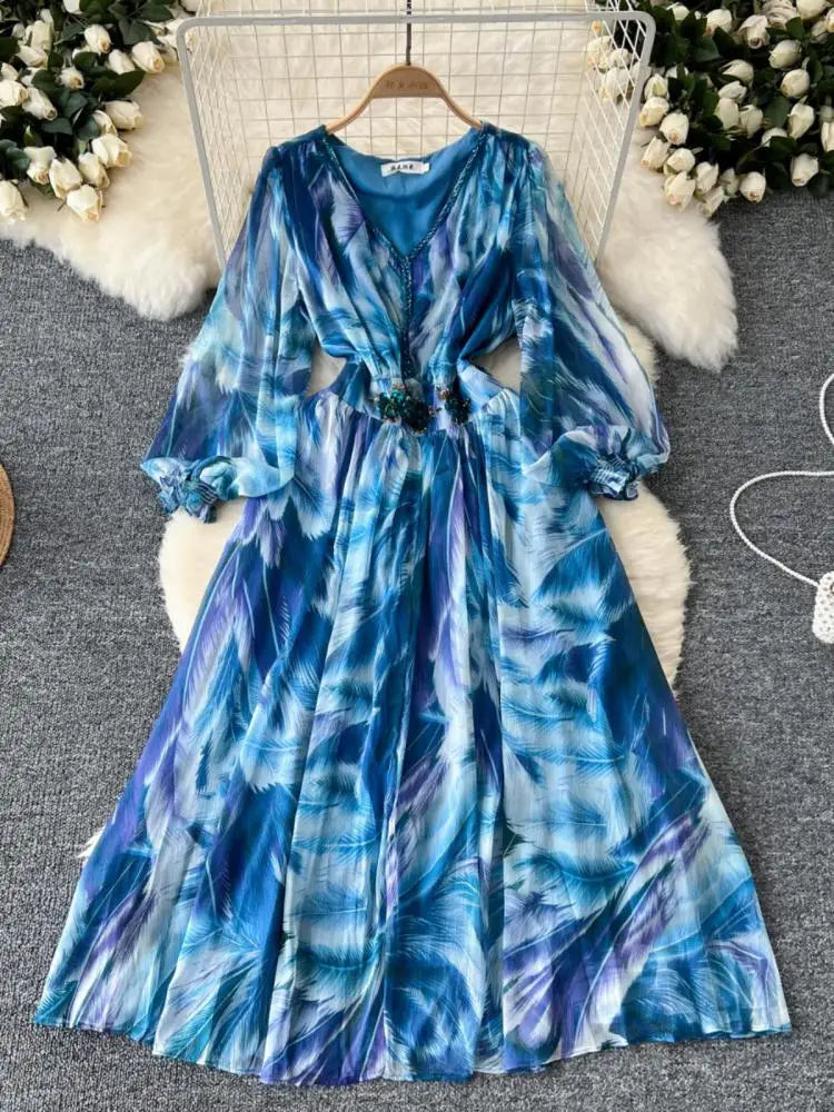 French Women Print Sequin Evening Party Dress Autumn V Neck Elegant Lantern Long Sleeved Temperament Pleated Dress Bohemian Chic