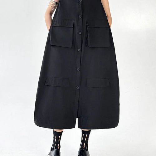 Load image into Gallery viewer, Women Black Pockets Big Size Casual Midi Vest Dress New Round Neck Sleeveless Fashion Tide Spring Autumn 2025 1DJ1167
