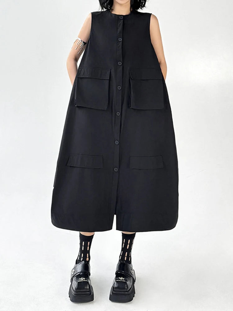 Women Black Pockets Big Size Casual Midi Vest Dress New Round Neck Sleeveless Fashion Tide Spring Autumn 2025 1DJ1167