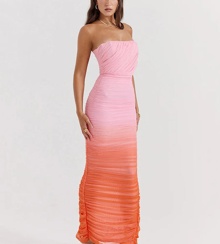 Gradient Strapless Backless Sexy Maxi Dress For Women Fashion Off-shoulder Sleeveless Bodycon Back Split Long Dress