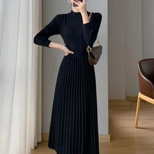 Load image into Gallery viewer, Autumn Lady Fashion Black Half High Collar Knit Long Dress White Temperament Long Sleeve Elegant Ladies Pink Evening Party Dress
