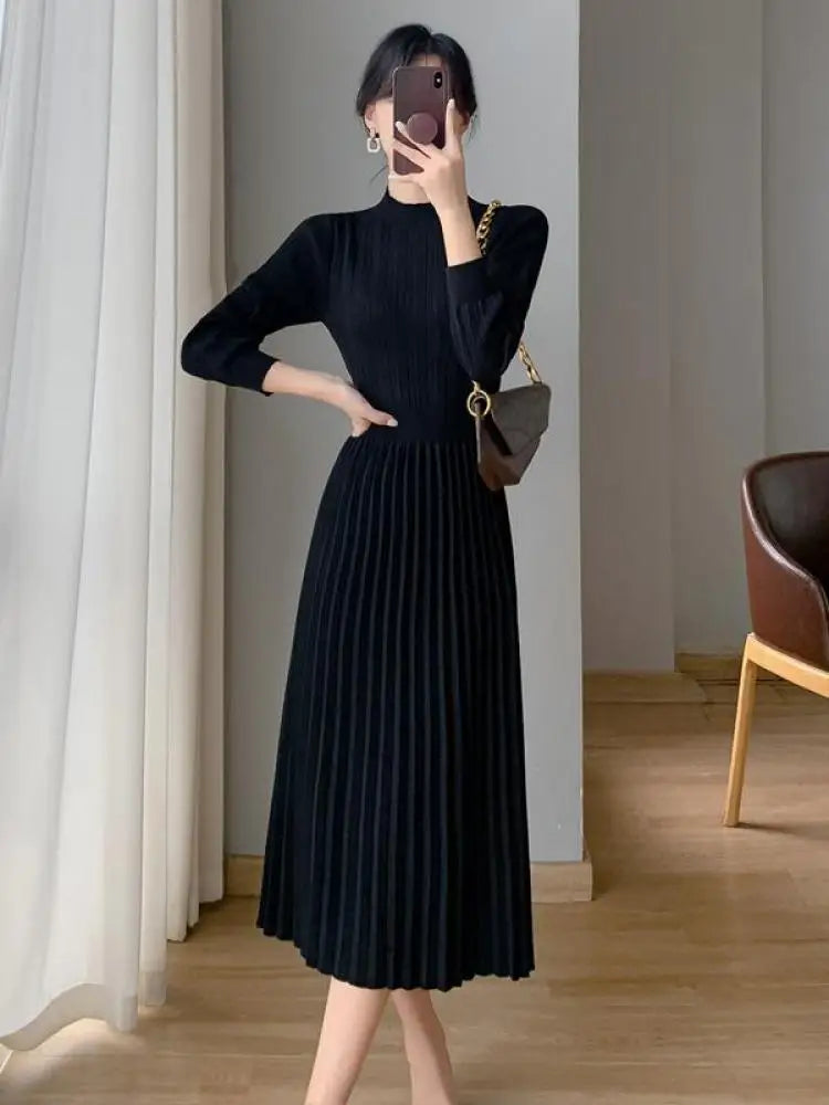 Autumn Lady Fashion Black Half High Collar Knit Long Dress White Temperament Long Sleeve Elegant Ladies Pink Evening Party Dress