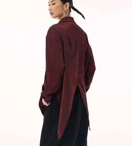 Women Red Irregular Hem Back Slit Big Size Blouse New Lapel Long Sleeve Shirt Fashion Tide Spring Autumn 2025 1DH9230