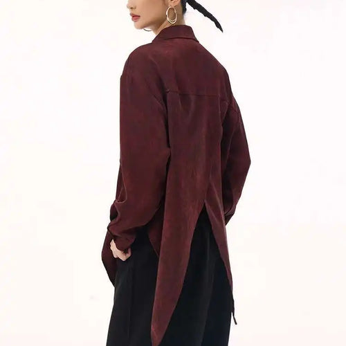 Load image into Gallery viewer, Women Red Irregular Hem Back Slit Big Size Blouse New Lapel Long Sleeve Shirt Fashion Tide Spring Autumn 2025 1DH9230
