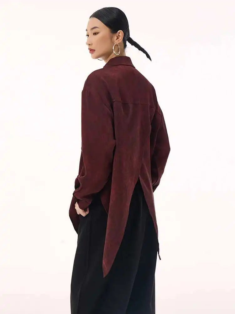 Women Red Irregular Hem Back Slit Big Size Blouse New Lapel Long Sleeve Shirt Fashion Tide Spring Autumn 2025 1DH9230