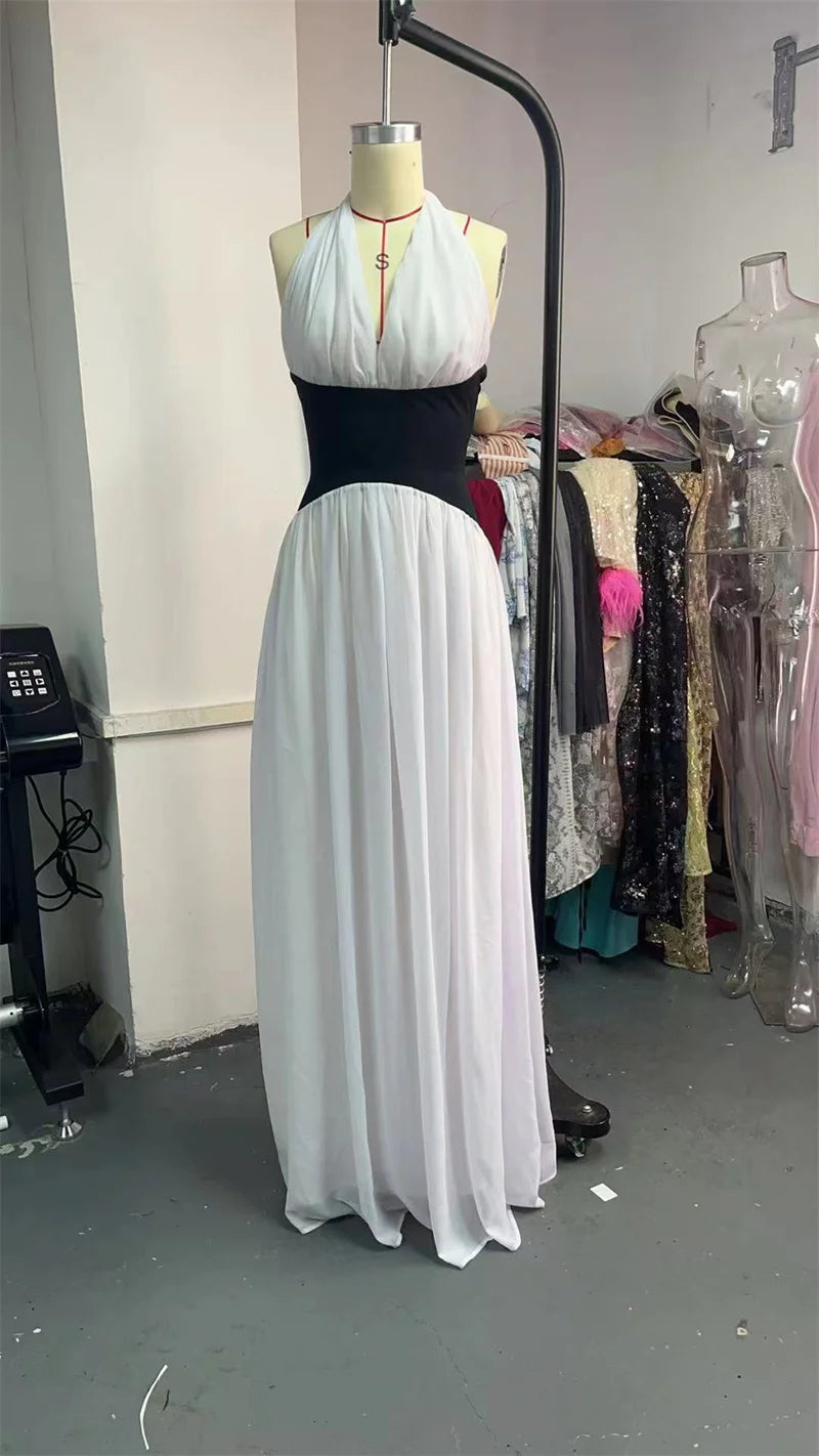 Halter Deep V Neck Backless Sexy Maxi Dress Women Gown Fashion Patchwork Sleeveless High Waist Club Party Long Dress