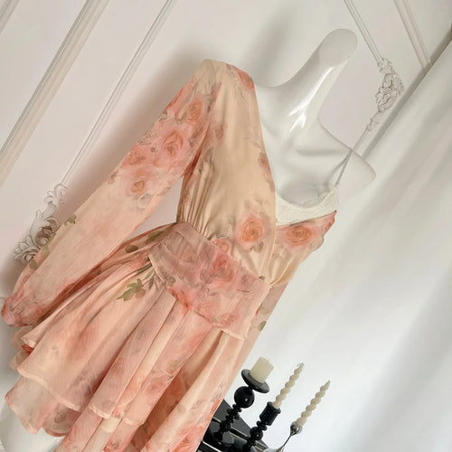 Load image into Gallery viewer, Autumn Khaki Print V-neck Elegant Long Sleeve Mini Dress French Women Vintage Sweet Pink Vacation Party Short Dress Fashion Boho
