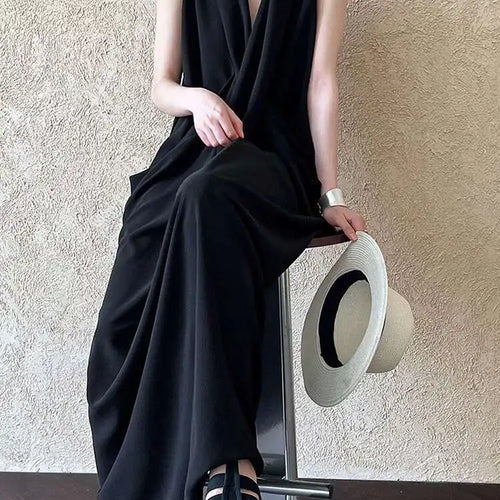 Load image into Gallery viewer, Women Orange Pocket Knot Elegant  Long Big Size Dress New V-Neck Sleeveless Fashion Tide Spring Summer 2025 1DH6380
