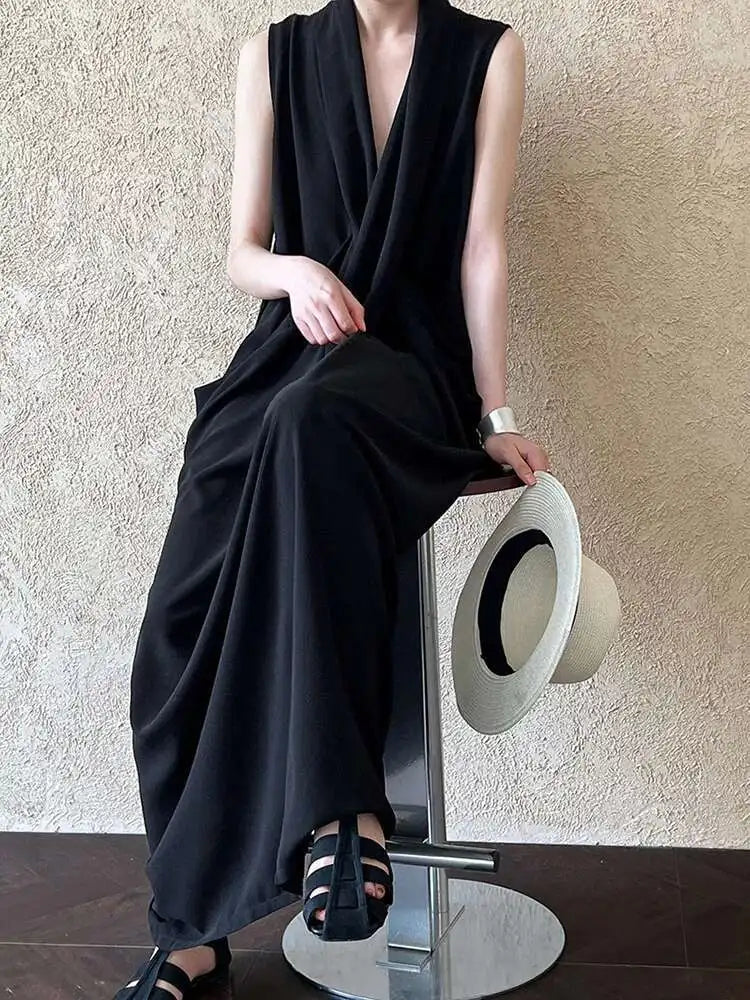 Women Orange Pocket Knot Elegant  Long Big Size Dress New V-Neck Sleeveless Fashion Tide Spring Summer 2025 1DH6380