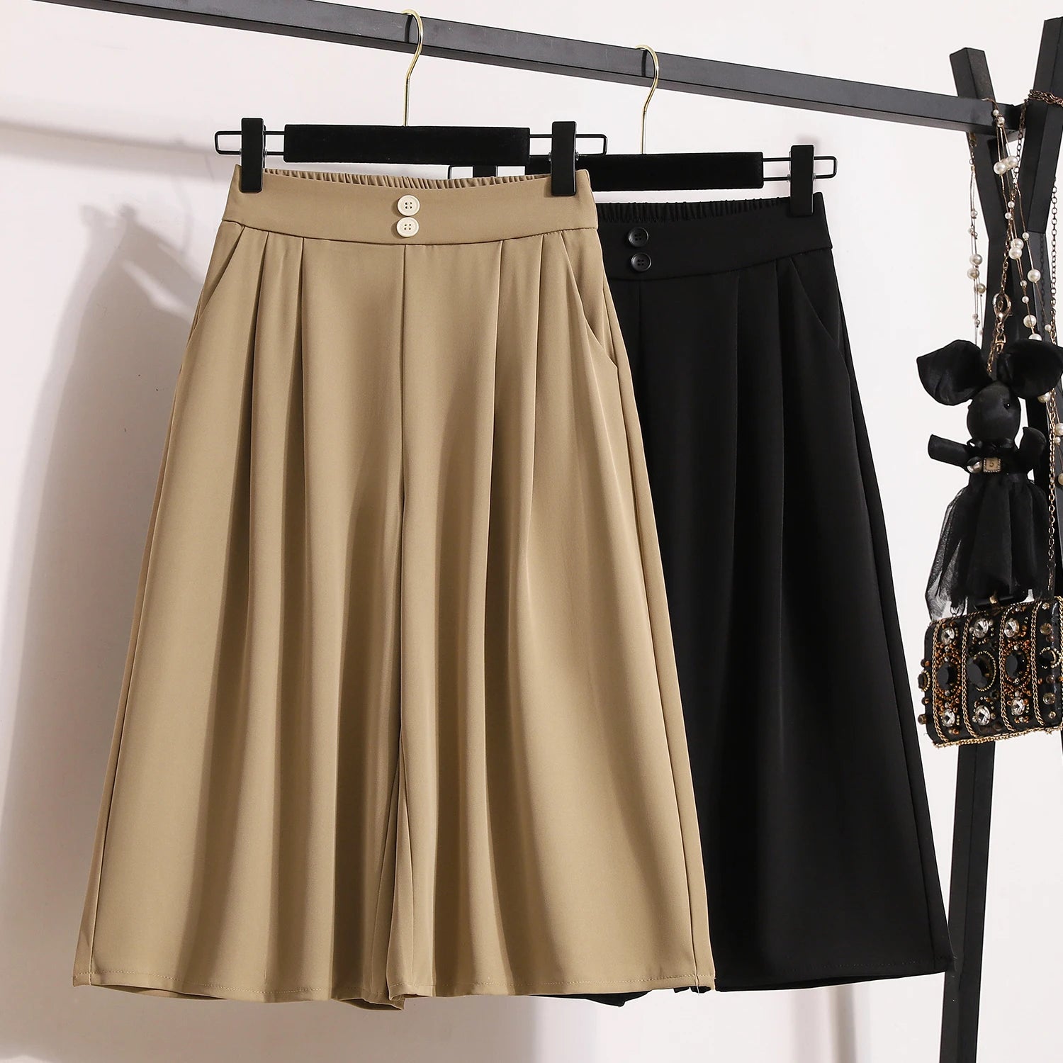 Spring Summer 2025 Black Office Wide Leg Seven Point Pants Women Khaki High Waist Baggy Fashion Festival Pleated Trousers Simple