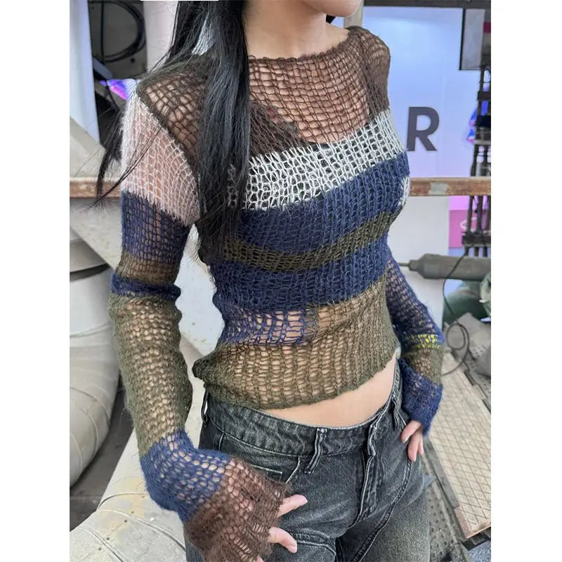 Gothic Hollow Out Knitted Sweater Women See Through Y2k Aesthetic Tops Contrast Color Stripe Pullover Grunge Streetwear Capes