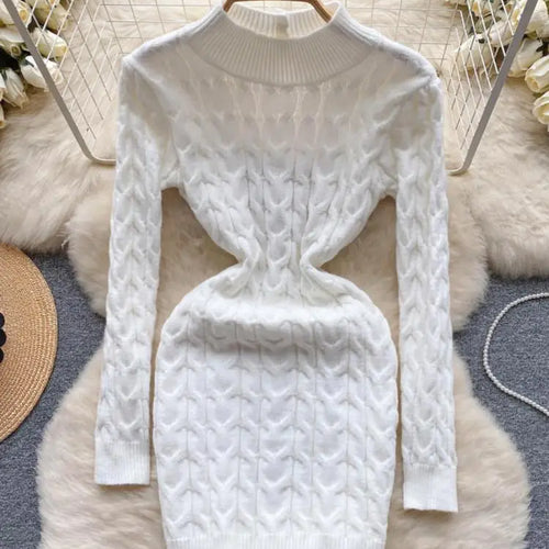 Load image into Gallery viewer, French Black White Hollow Out Backless Knitted Mini Dress Women Autumn Gray New Office Long Sleeves Twisted Sweater Short Dress

