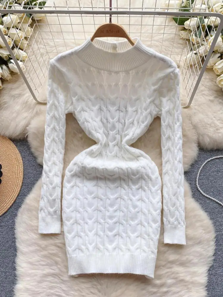 French Black White Hollow Out Backless Knitted Mini Dress Women Autumn Gray New Office Long Sleeves Twisted Sweater Short Dress