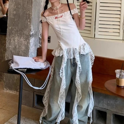 Load image into Gallery viewer, Slash Neck Fairy Grunge Tops Vintage Harajuku Irregular Patchwork Lace T-shirt Women Y2k Aesthetics Sexy Letter Embroidery Tees
