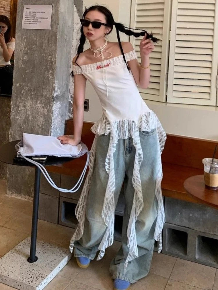 Slash Neck Fairy Grunge Tops Vintage Harajuku Irregular Patchwork Lace T-shirt Women Y2k Aesthetics Sexy Letter Embroidery Tees